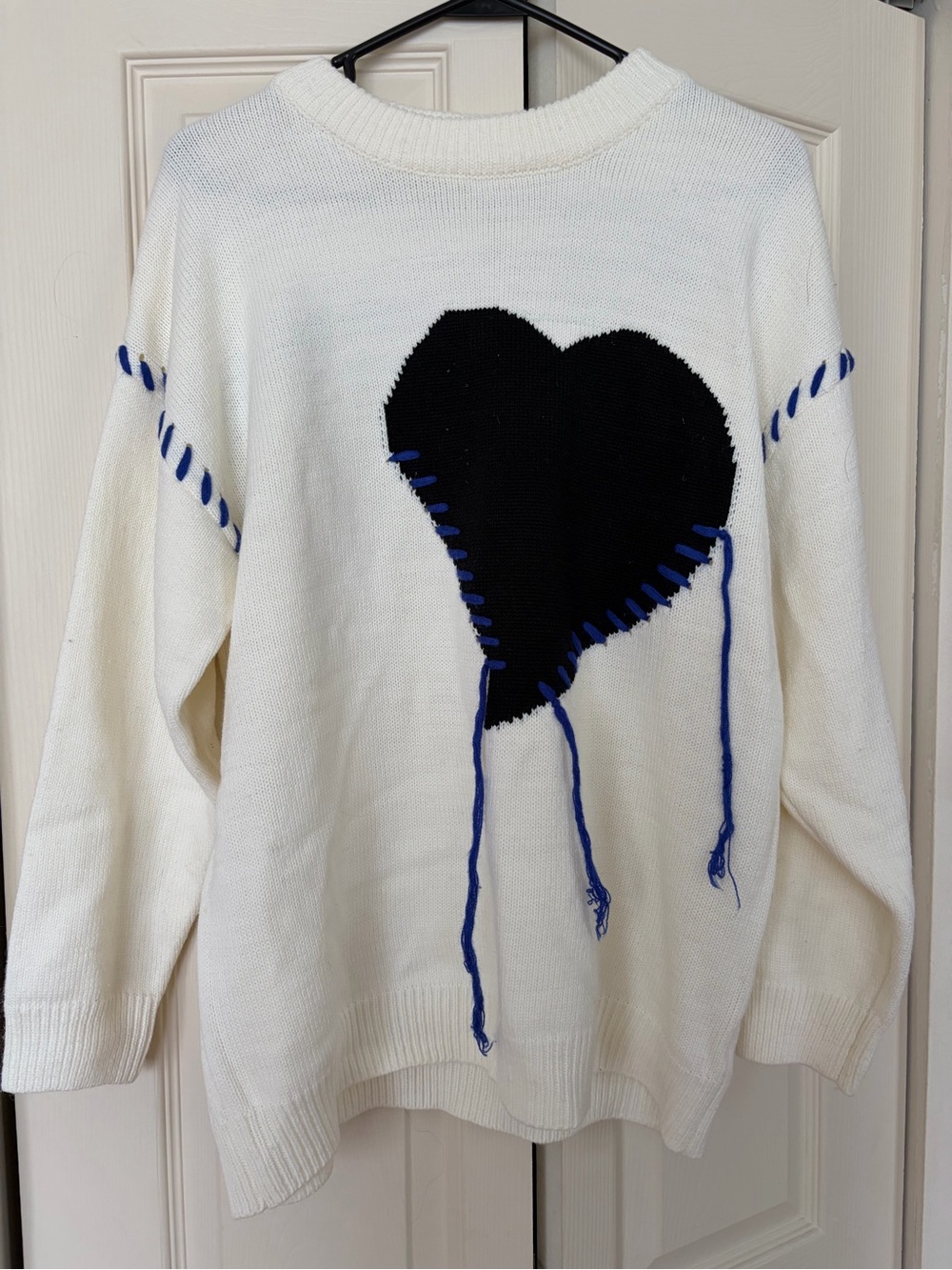 Aelfric Eden Cream Crewneck Sweater with Black Heart and Blue Stitching